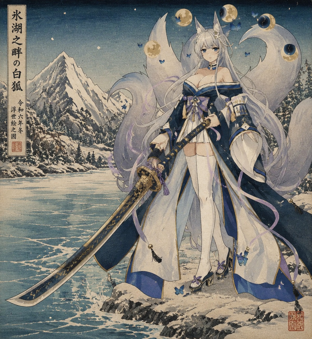 Wielding a massive ceremonial katana At the edge of a frozen mountain lake (ukiyo-e woodblock print, traditional colors)