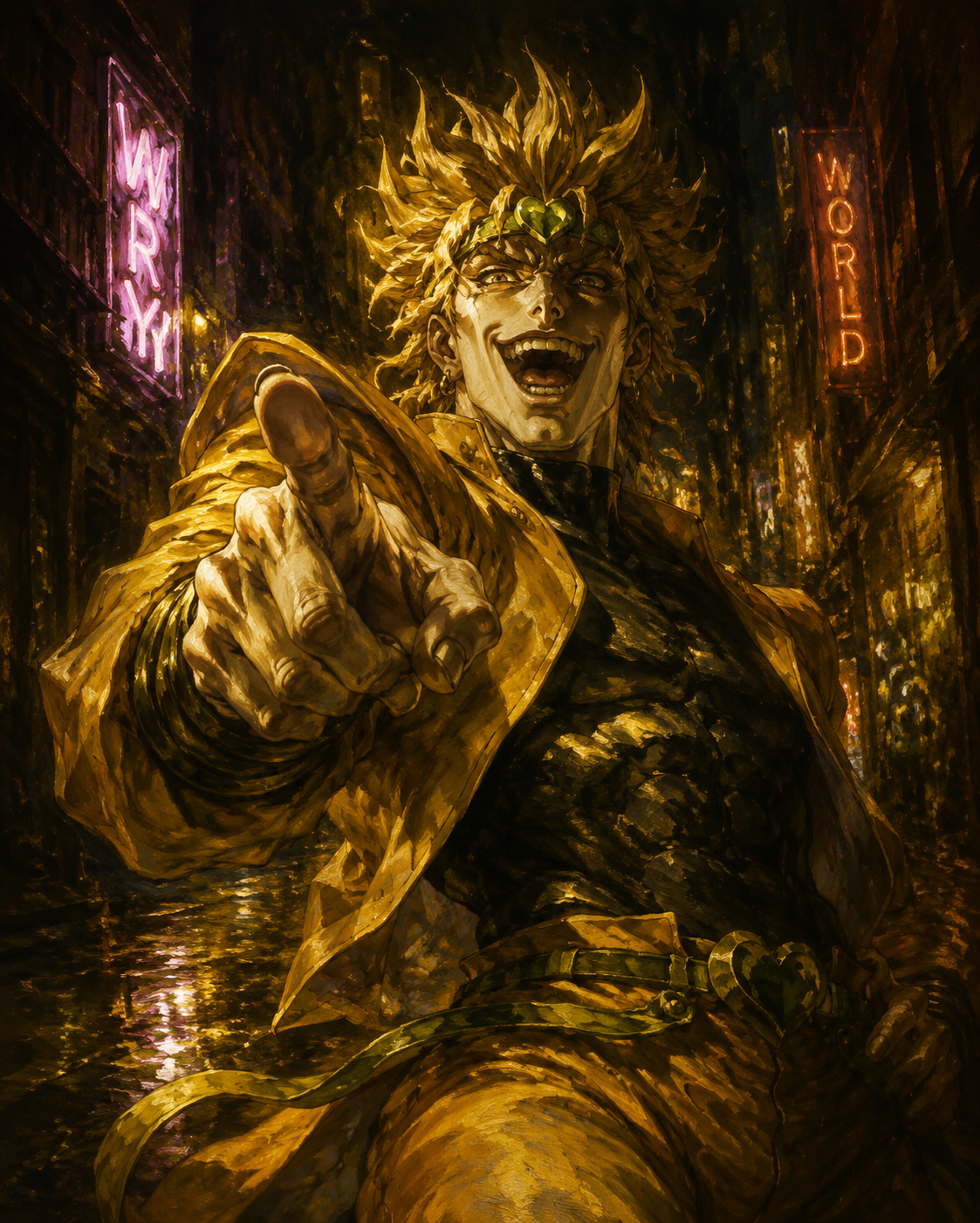 Laughing maniacally while pointing at the viewer In a dark alleyway illuminated by flickering neon (baroque oil painting, dramatic golden lighting)