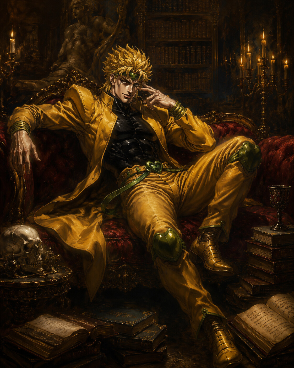 Lounging arrogantly across a velvet settee in a silent library filled with forbidden knowledge (baroque oil painting)