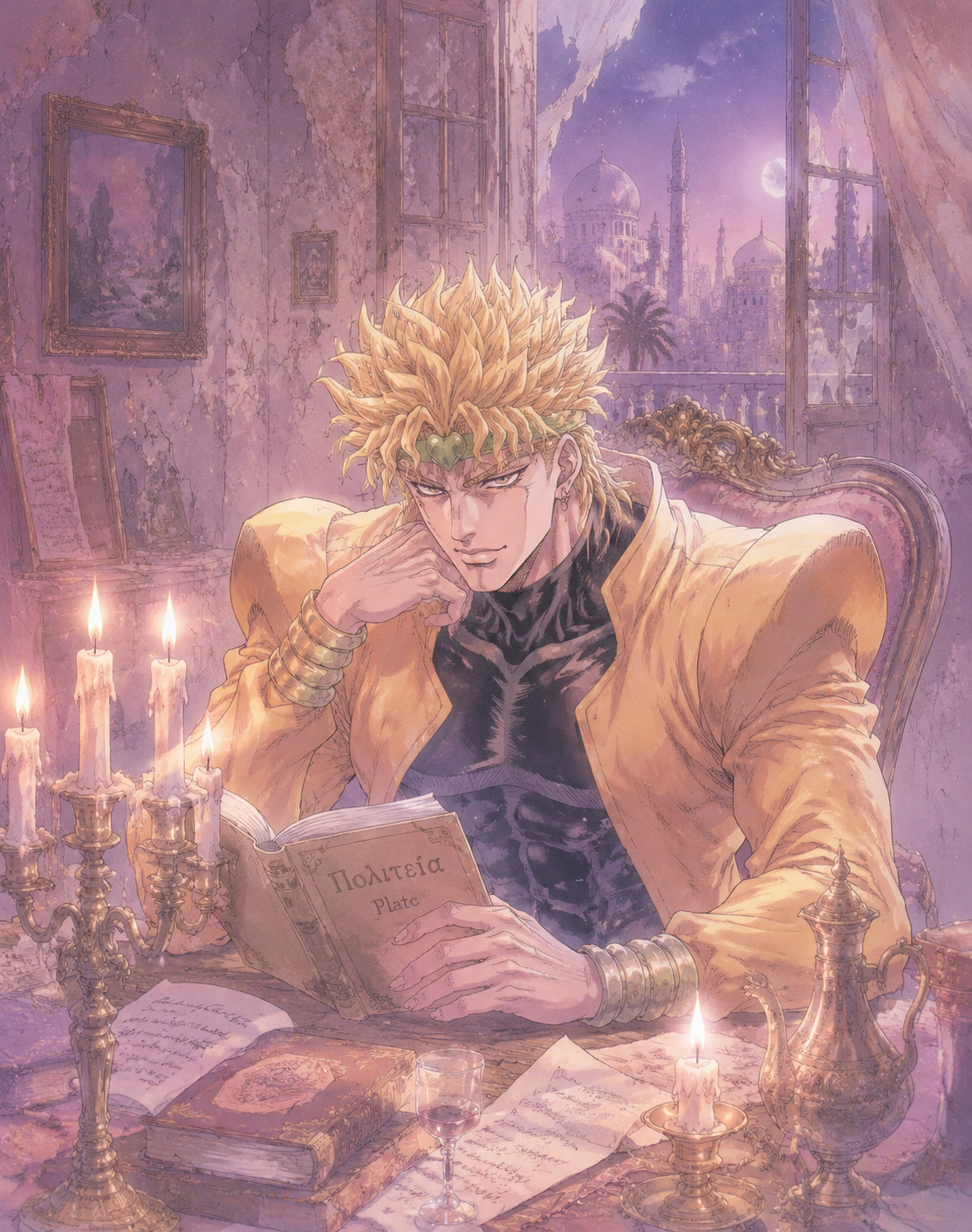 Reading a philosophical text by candlelight In a decaying mansion in the heart of Cairo (soft pastel colors, dreamy shoujo manga style)