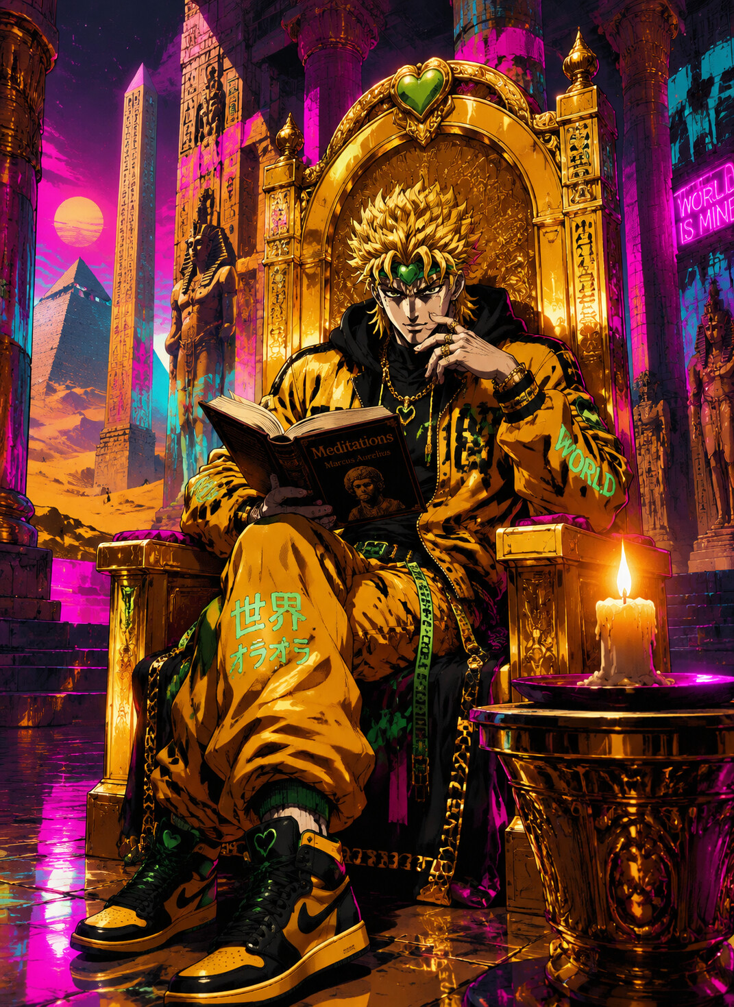 Reading a philosophical text by candlelight on a golden throne in a vast desert temple (modern street wear aesthetic)
