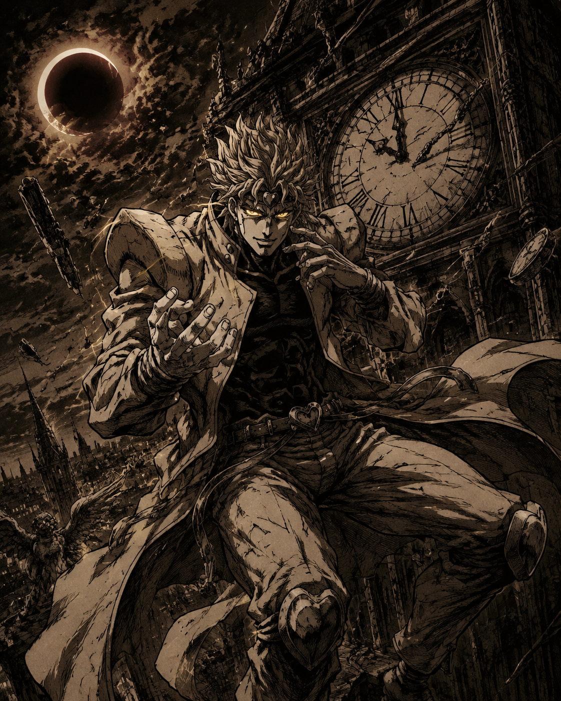 Stopping time with a sinister golden glare On a clock tower under a lunar eclipse (gritty ink sketch, dark gothic atmosphere)