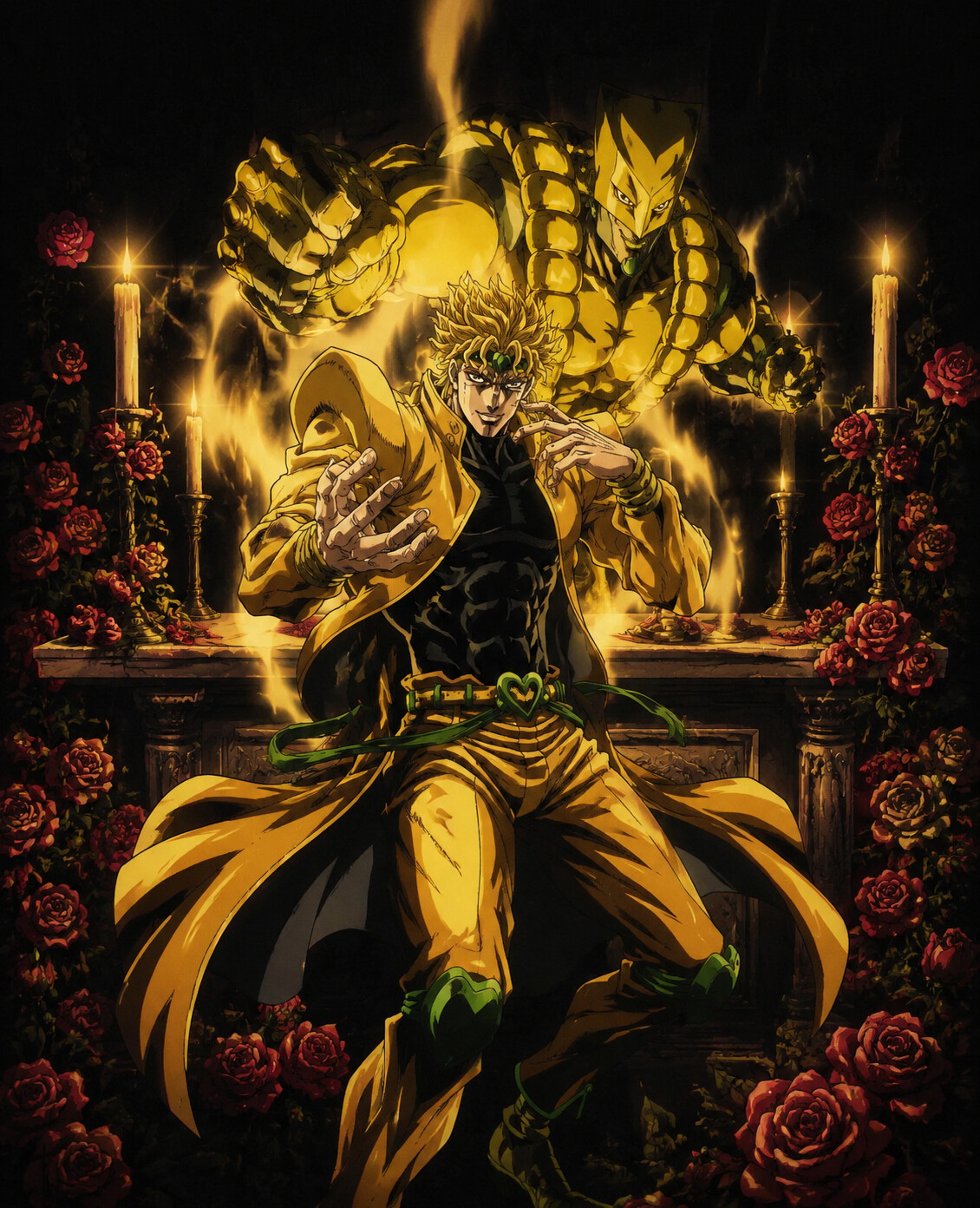 Summoning The World in a flash of light at a candlelit altar surrounded by roses (90s retro anime style)