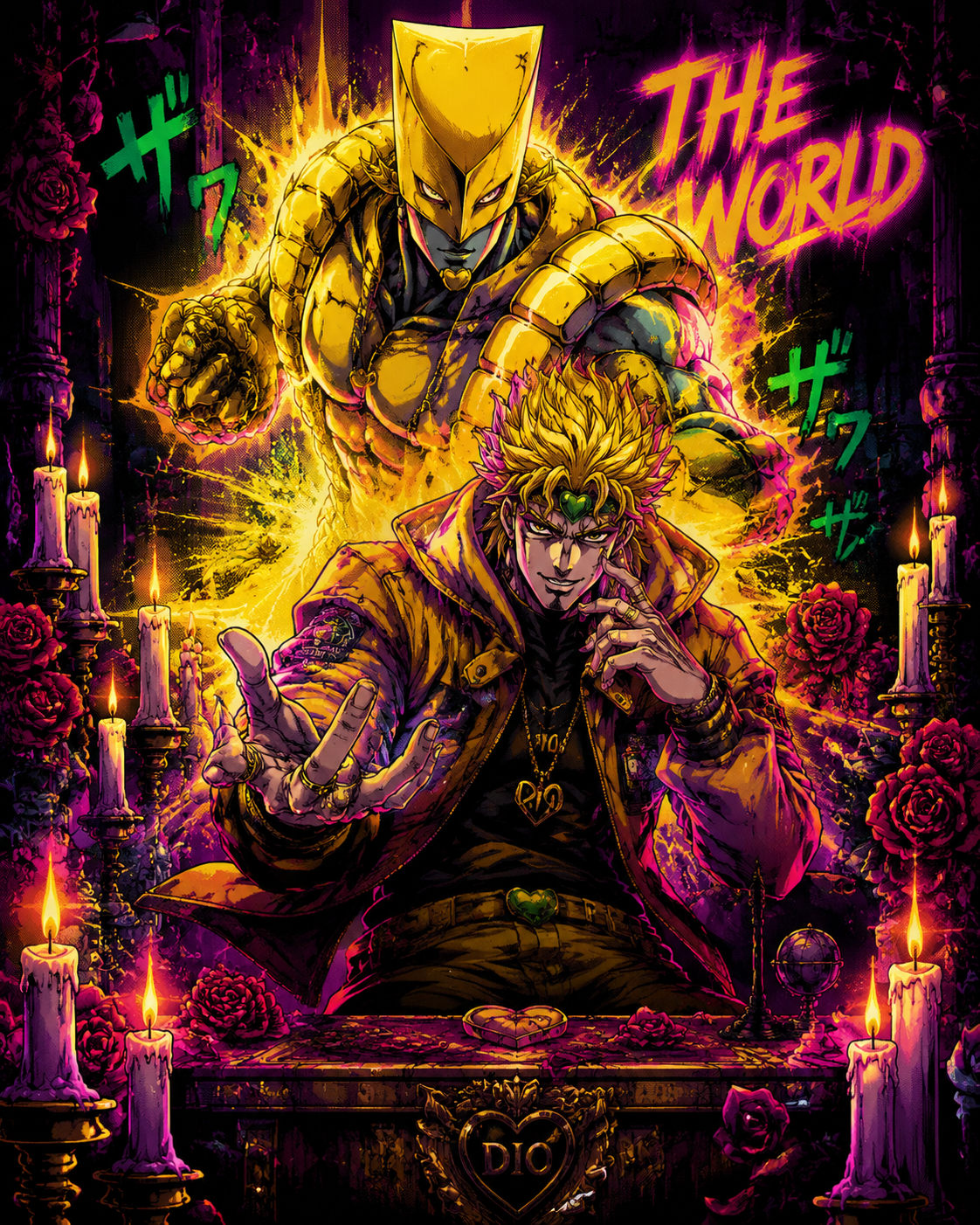 Summoning the world in a flash of light At a candlelit altar surrounded by roses (modern street wear aesthetic, neon pop art)