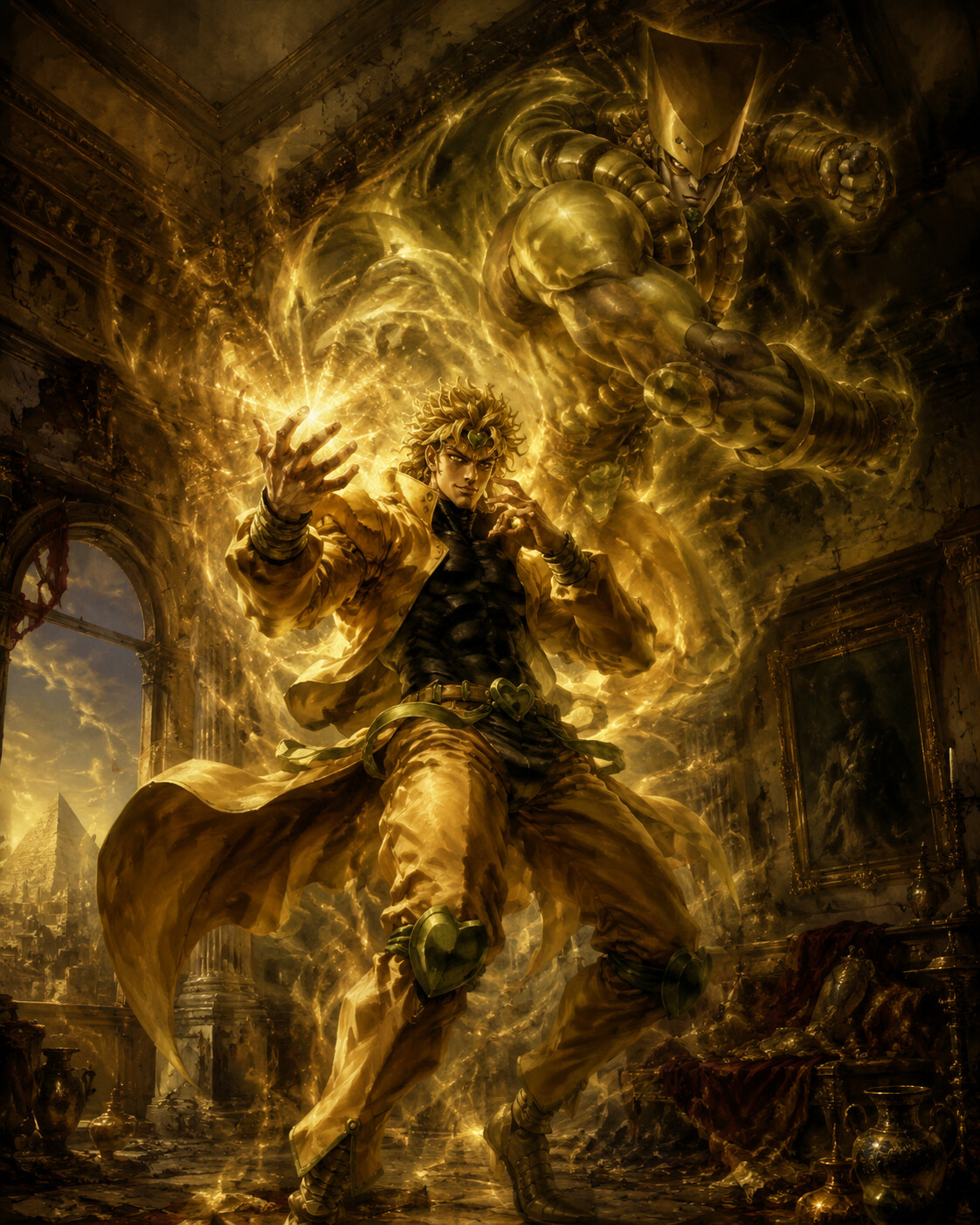 Summoning The World in a flash of light in a decaying mansion in the heart of Cairo (baroque oil painting)