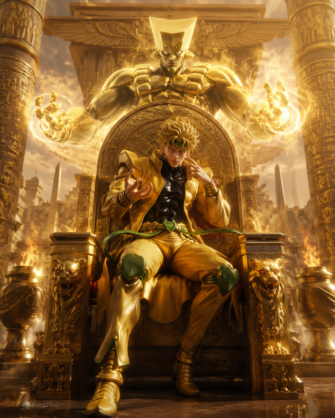 Summoning The World in a flash of light on a golden throne in a vast desert temple (sleek cinematic 3D render)