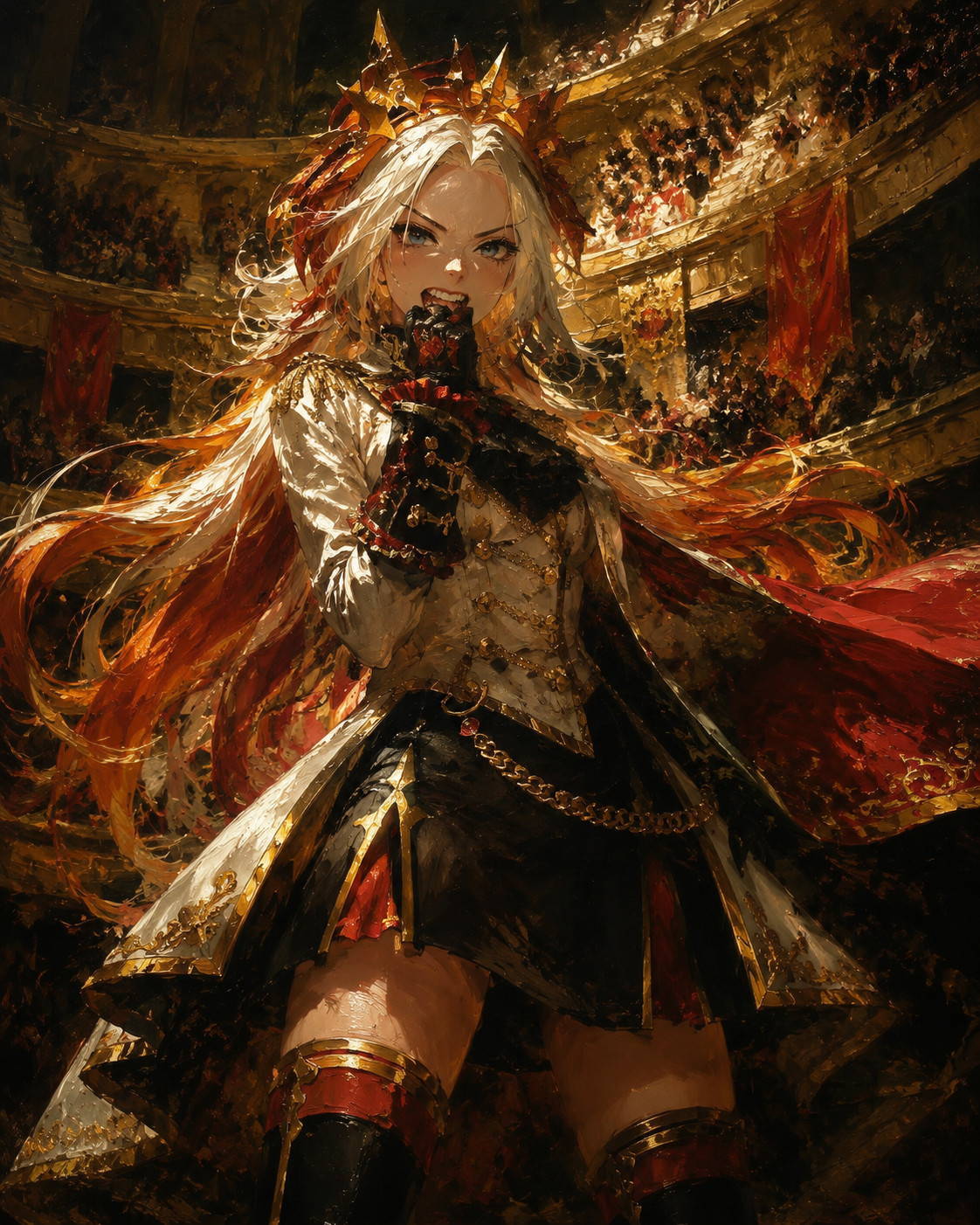 Biting her glove in a fit of rage At the center of a roaring stadium (opulent baroque oil painting, dramatic chiaroscuro)