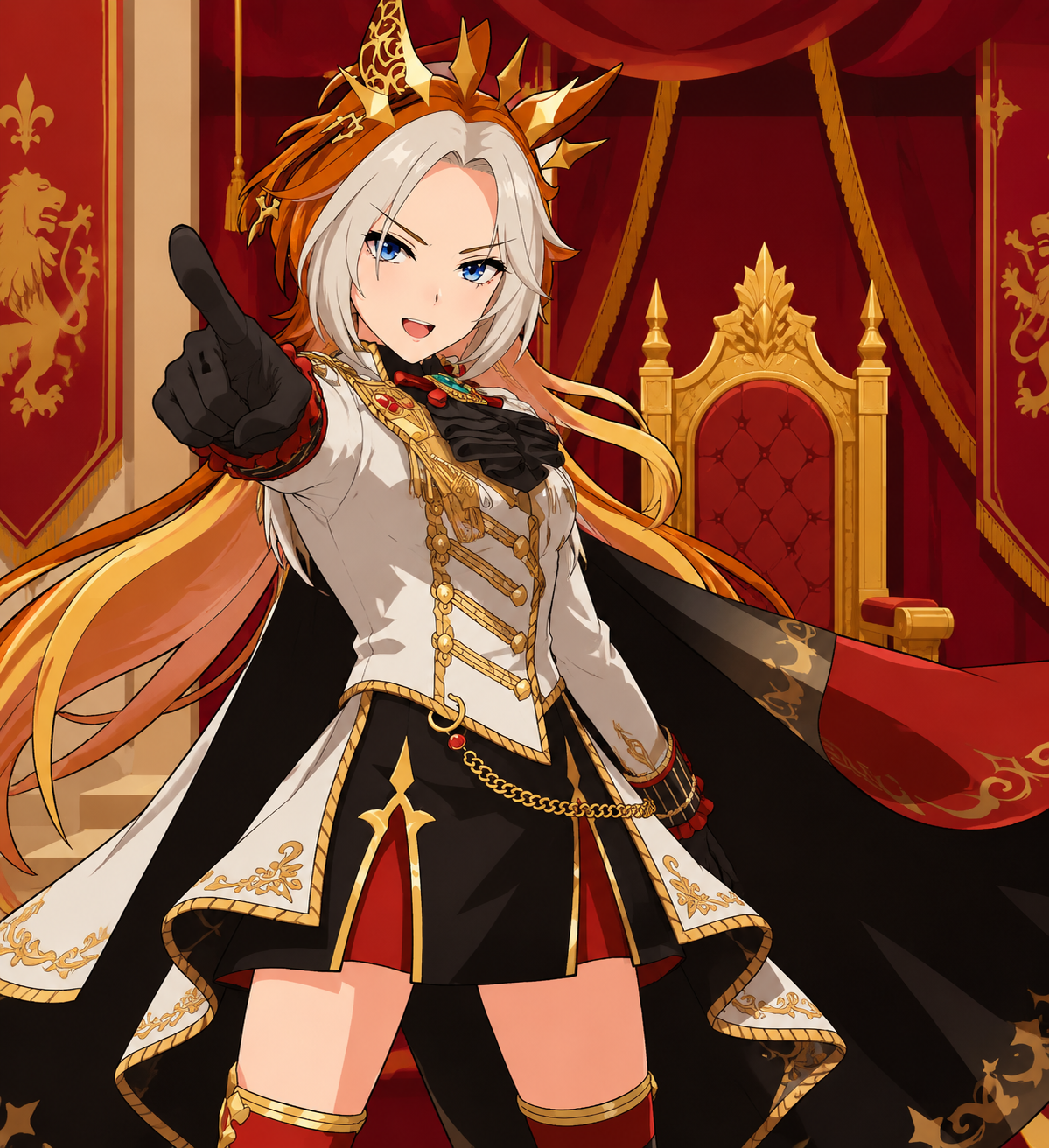Challenging a rival with a pointed finger In a royal throne room draped in red velvet (minimalist flat vector art, bold colors)