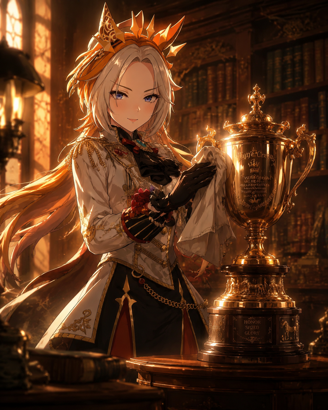 Polishing her triple crown trophy with a silk cloth In a dimly lit Victorian library (golden hour cinematic, heavy rim lighting)