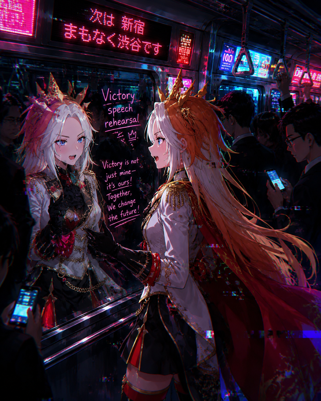 Rehearsing a victory speech before a mirror On a modern subway train during rush hour (cyberpunk neon, high contrast glitch effect)