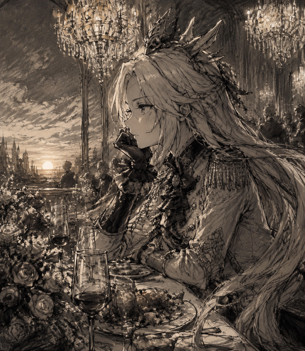 Staring at the sunset with a melancholic expression At a lavish banquet under crystal chandeliers (rough charcoal sketch, expressive linework)