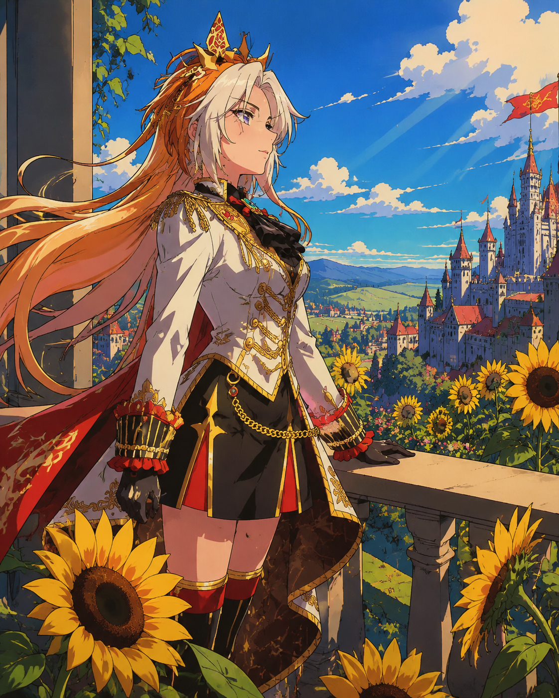 Surveying her kingdom from a high balcony In a quiet garden of golden sunflowers (vibrant 90s retro anime, cel shaded)