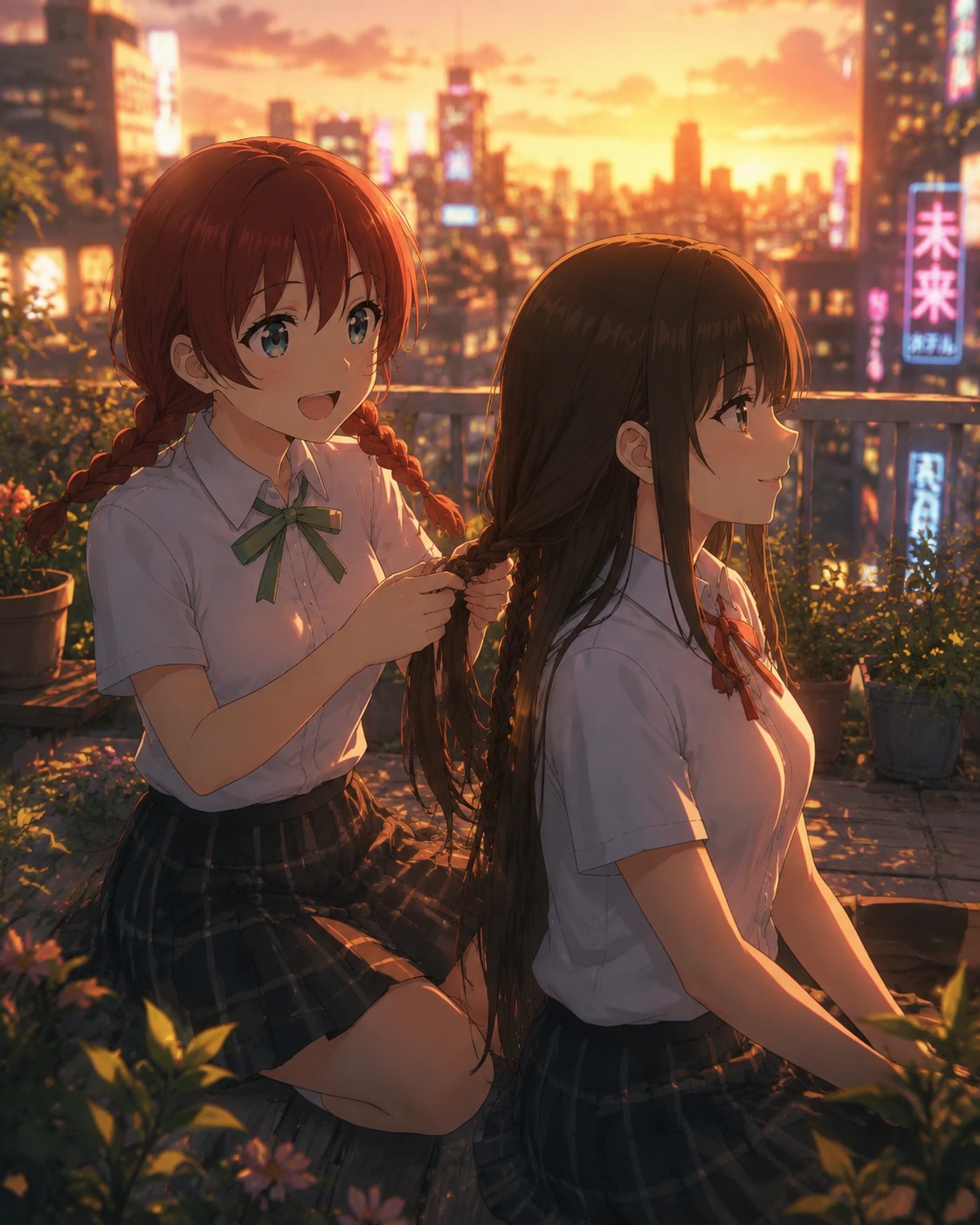 Braiding a friend's long hair On a rooftop garden overlooking a neon city (cinematic photography, golden hour lighting)