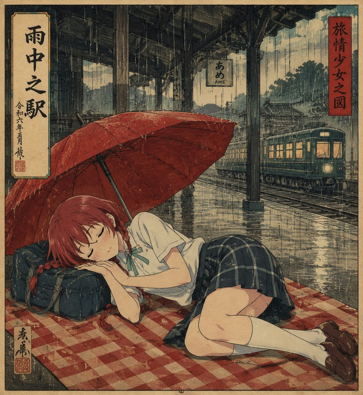 Napping peacefully on a checkered picnic blanket At a rainy train station under a red umbrella (ukiyo-e woodblock print, traditional textures)