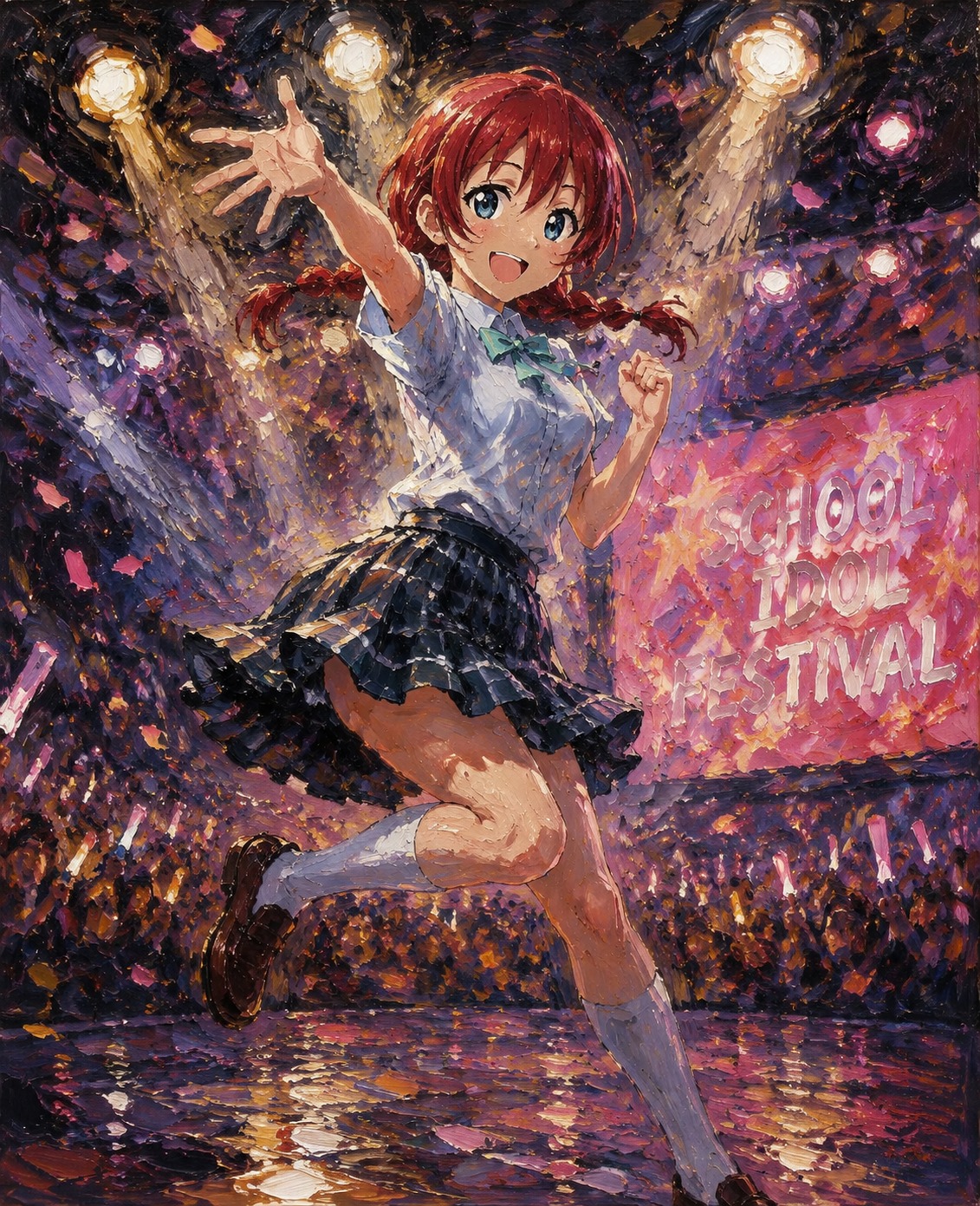 Performing a high-energy dance routine At a crowded school idol stage under spotlights (dramatic oil painting, heavy brushstrokes)