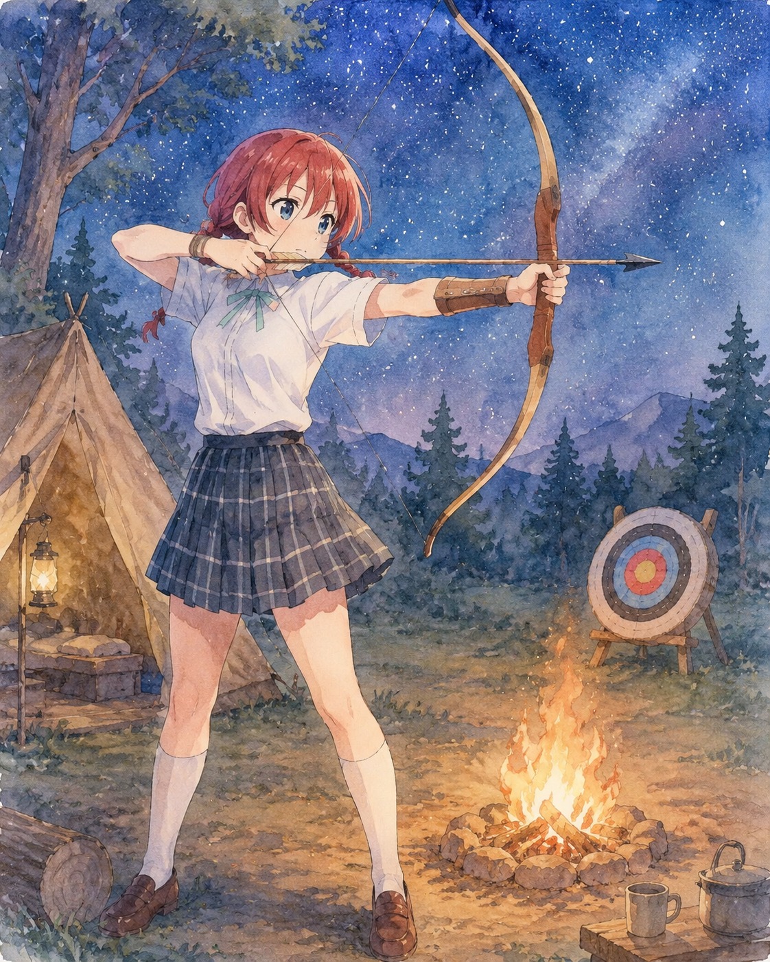 Practicing archery with intense focus At a cozy campfire under a starry sky (soft watercolor, pastel hues)