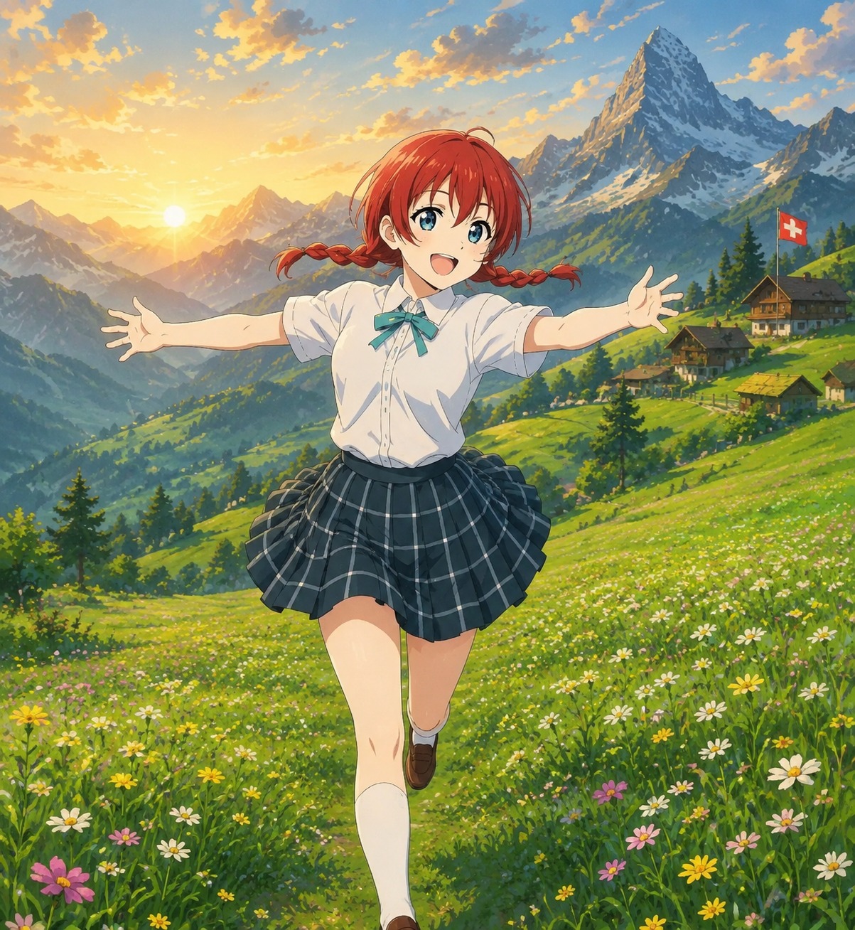 Running through a field with open arms On a lush Swiss mountainside at sunrise (Studio Ghibli inspired, lush greenery)