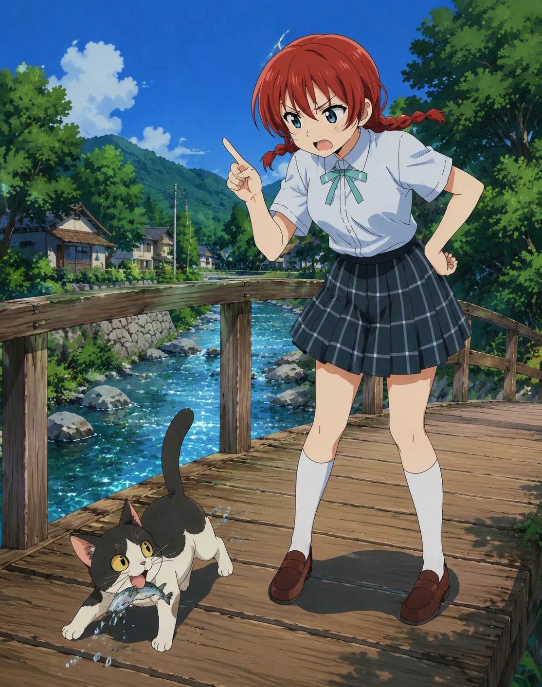 Scolding a mischievous stray cat On a wooden bridge over a crystalline stream (90s retro anime, cel-shaded)