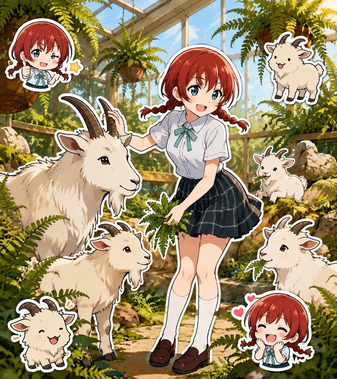 Tending to a herd of mountain goats In a sun-drenched greenhouse surrounded by ferns (cute chibi stickers, bold outlines)
