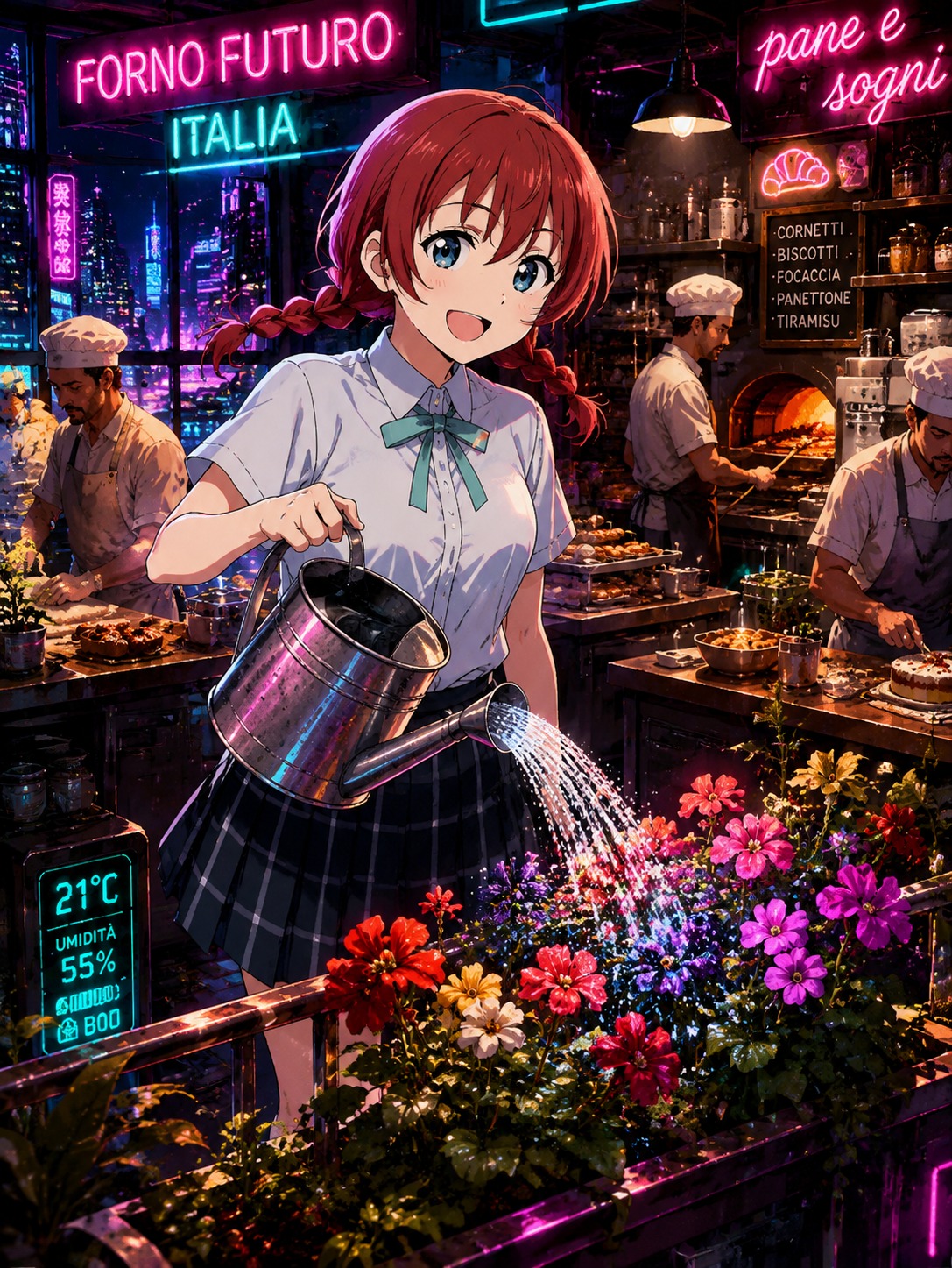 Watering vibrant balcony flowers In a bustling Italian bakery kitchen (cyberpunk neon, high contrast)