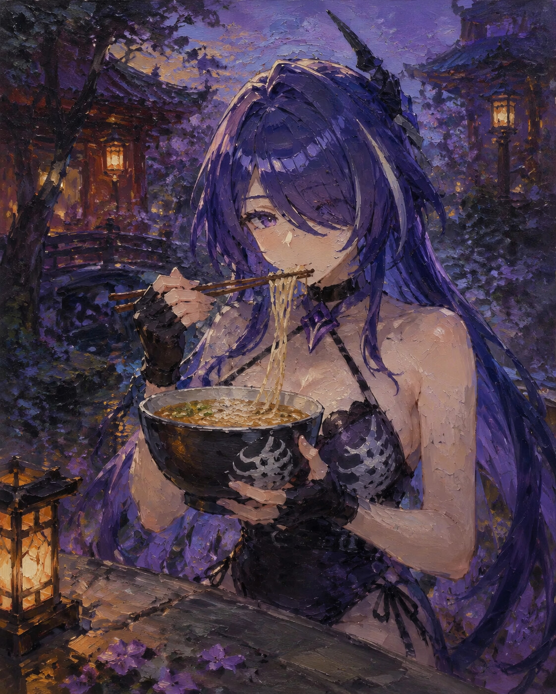 Eating a bowl of hot noodles in a quiet temple garden at twilight (ethereal oil painting)