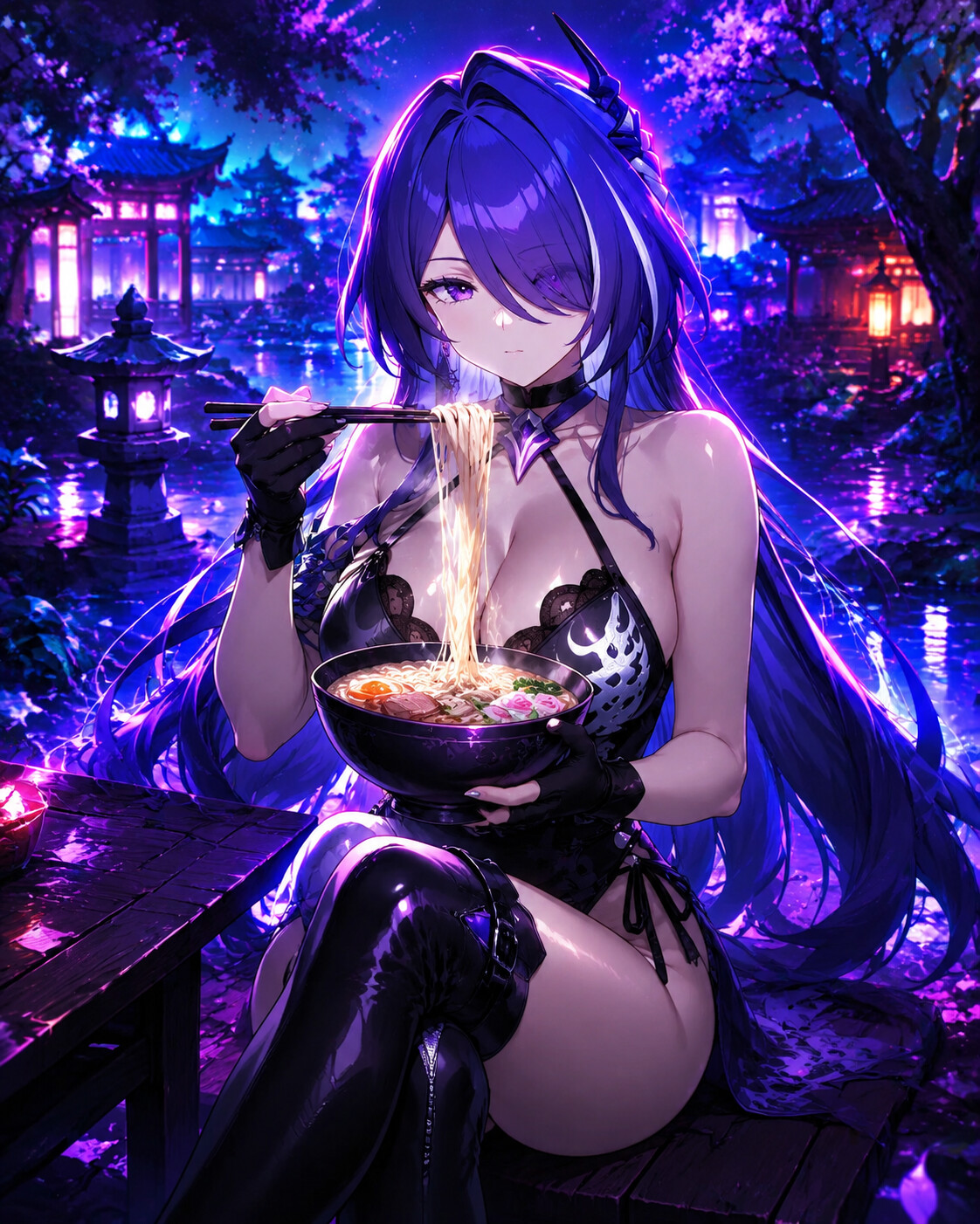 Eating a bowl of hot noodles in a quiet temple garden at twilight (vibrant splash art)