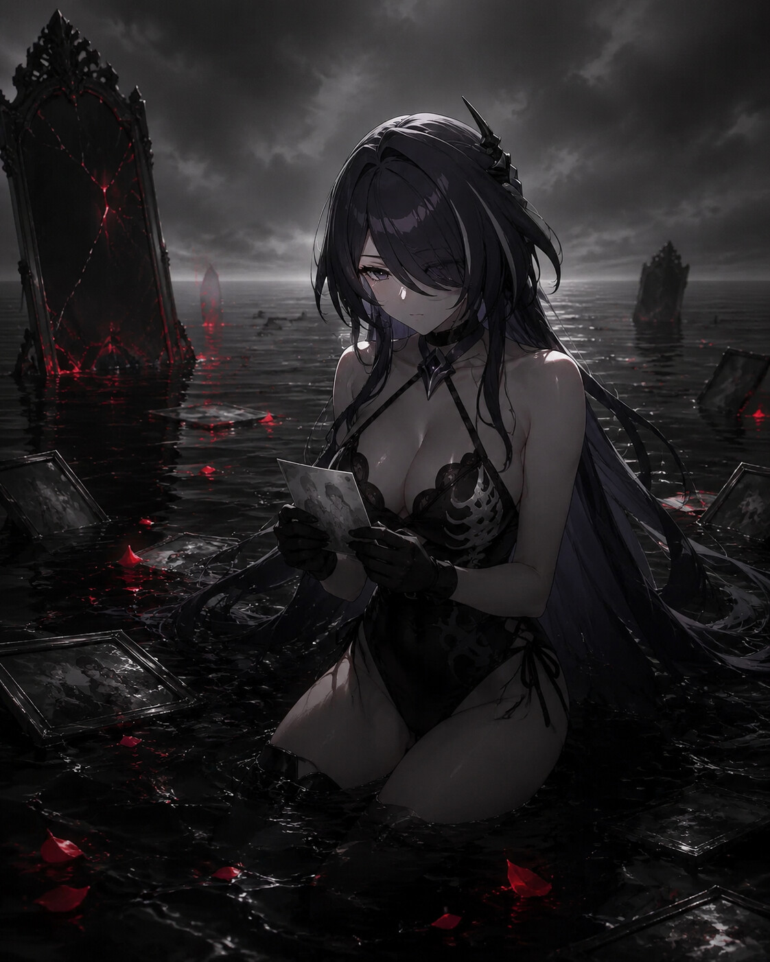Gazing at a faded photograph in a surreal realm of endless black water (dark fantasy)