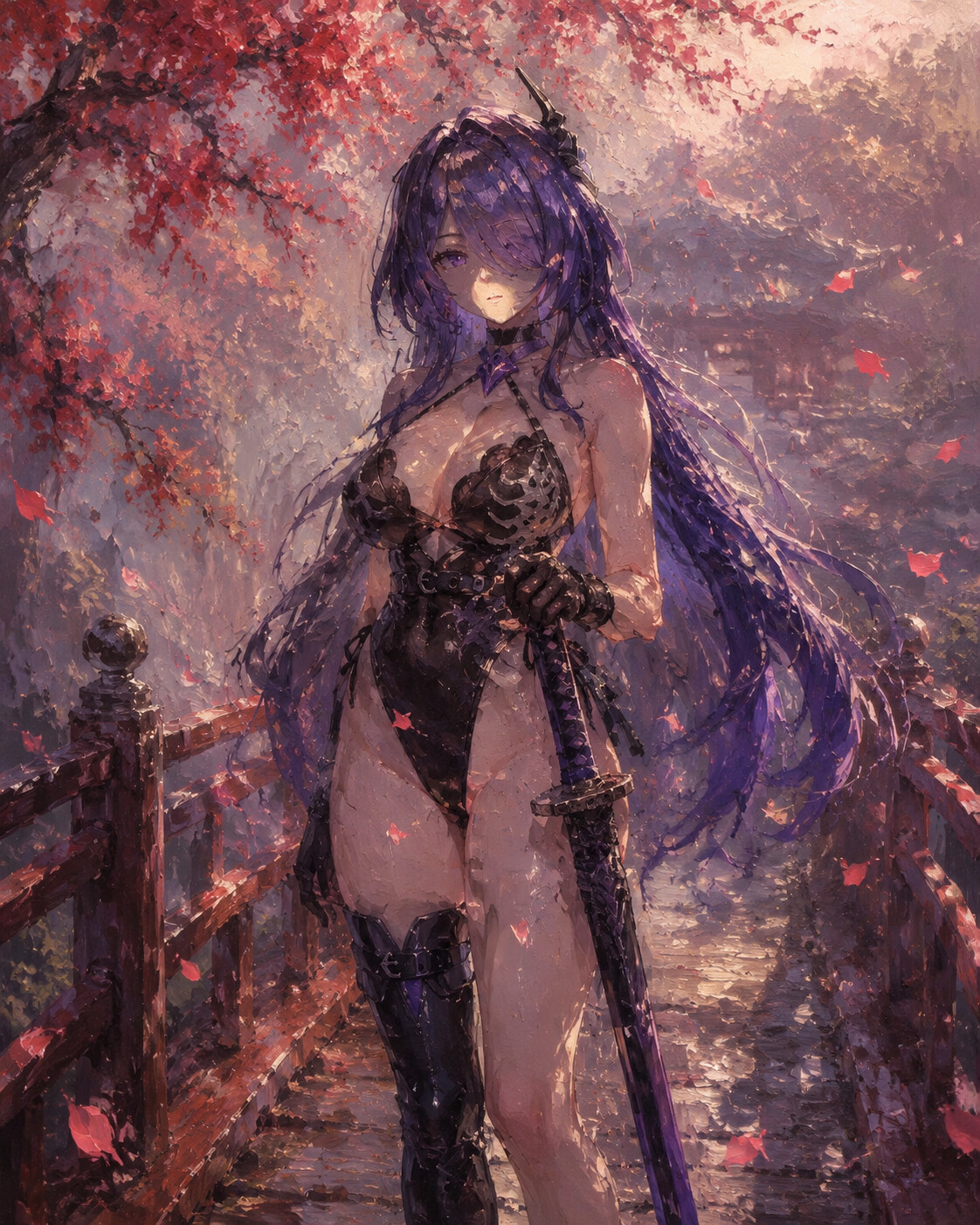 Resting her hand on her sword hilt on a bridge amidst falling red peach blossoms (ethereal oil painting)