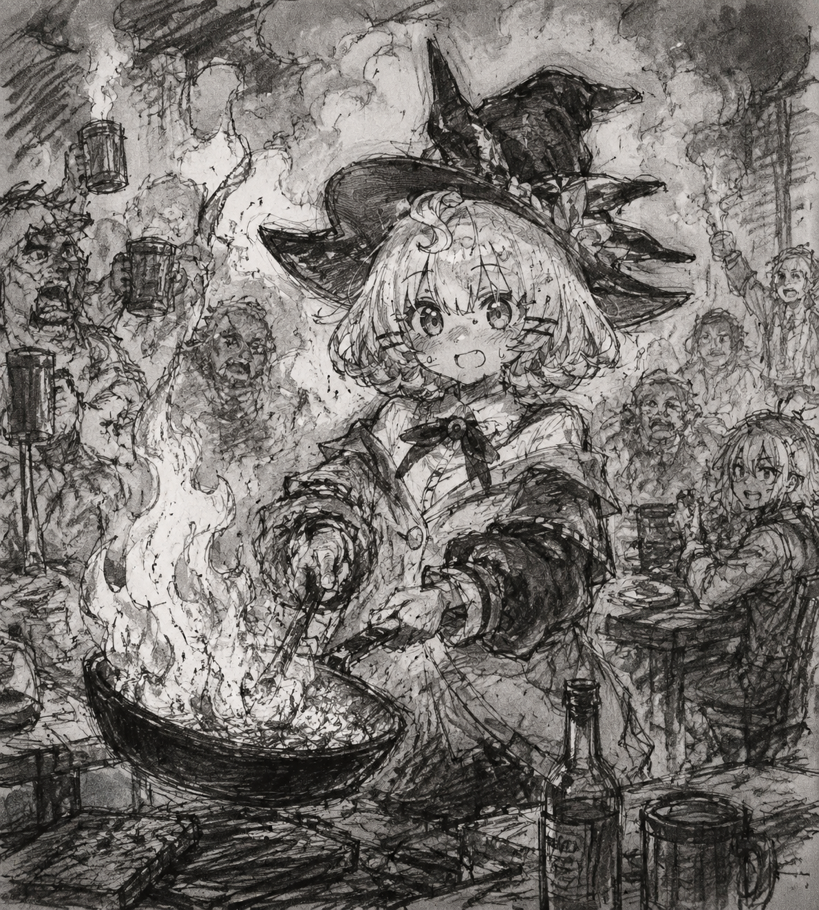 Burning a mysterious dish in a frying pan In a crowded tavern filled with thick smoke (raw sketch art with messy charcoal lines)