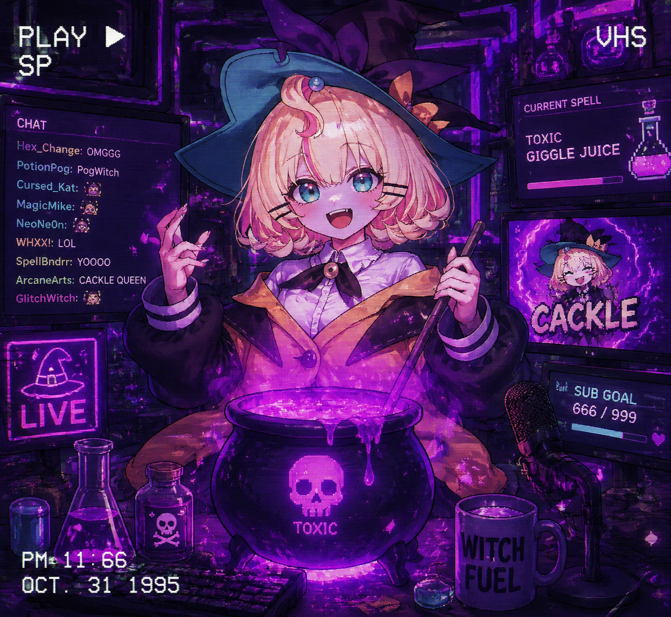 Cackling while brewing a neon purple potion At a high-tech streaming setup with multiple monitors (retro 90s aesthetic with grainy VHS effects)