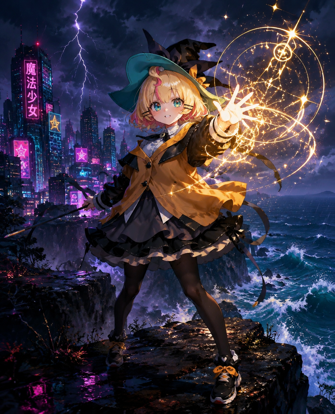 Casting a shimmering golden light spell On a windswept cliffside overlooking a stormy ocean (futuristic cyberpunk neon with high contrast lighting)