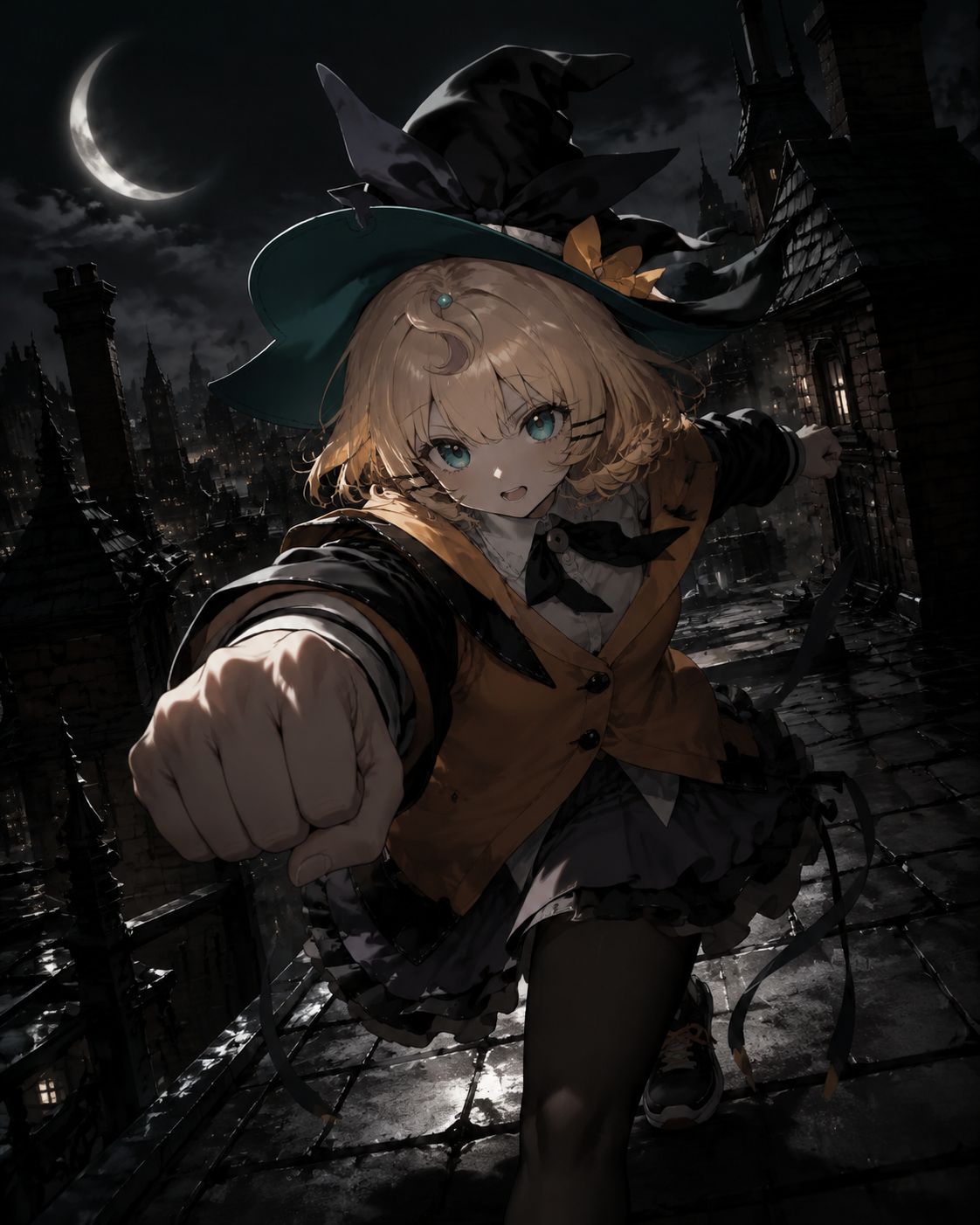 Lunging forward to deliver a dramatic punch On a Victorian rooftop under a crescent moon (moody cinematic noir with harsh dramatic shadows)