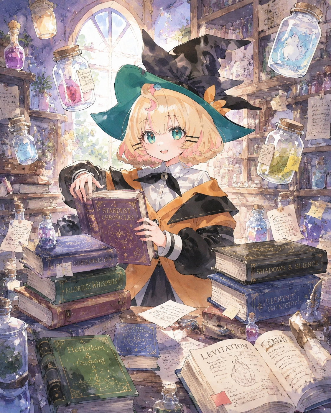 Organizing a messy collection of spell books In a cluttered magical workshop filled with floating jars (vibrant watercolor anime with soft ink outlines)
