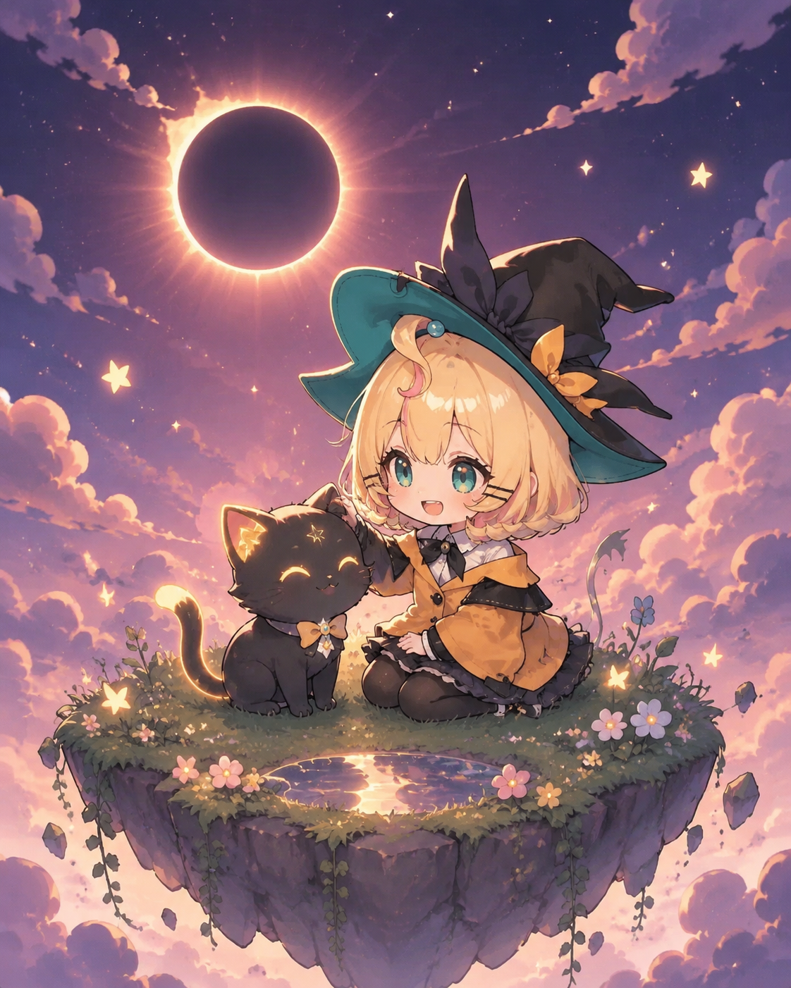 Petting a glowing black cat On a floating island during a solar eclipse (adorable chibi style with pastel colors)