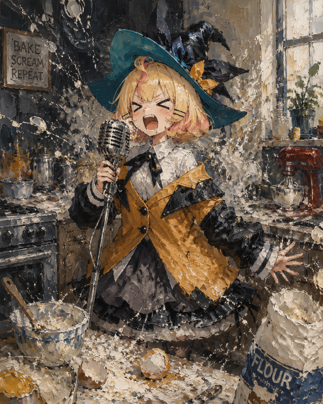 Screaming into a vintage radio microphone At a chaotic modern kitchen covered in flour (detailed oil painting with thick impasto brushstrokes)