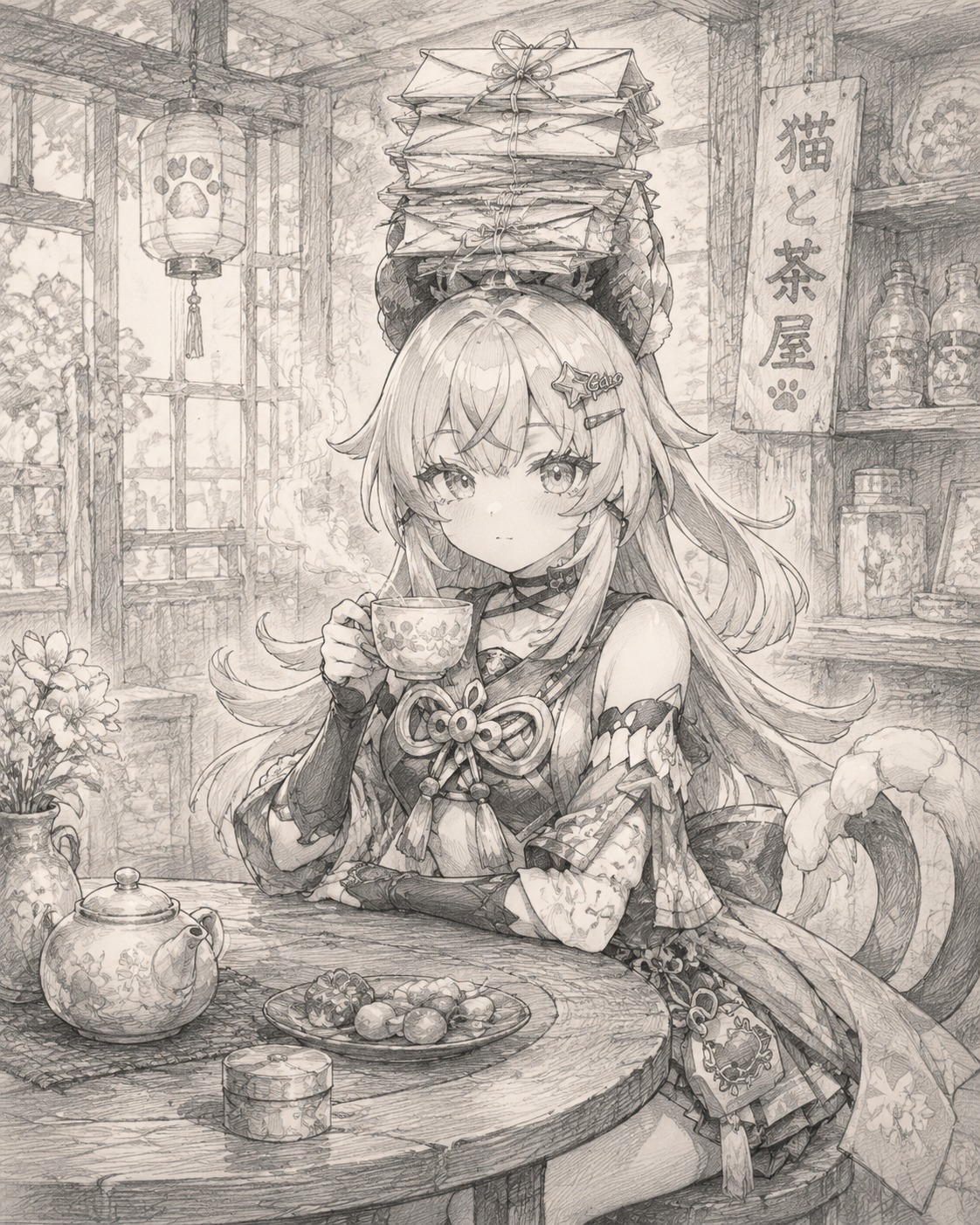 Balancing a stack of letters on her head In a cozy tea house with steam rising (detailed pencil sketch with light crosshatching)