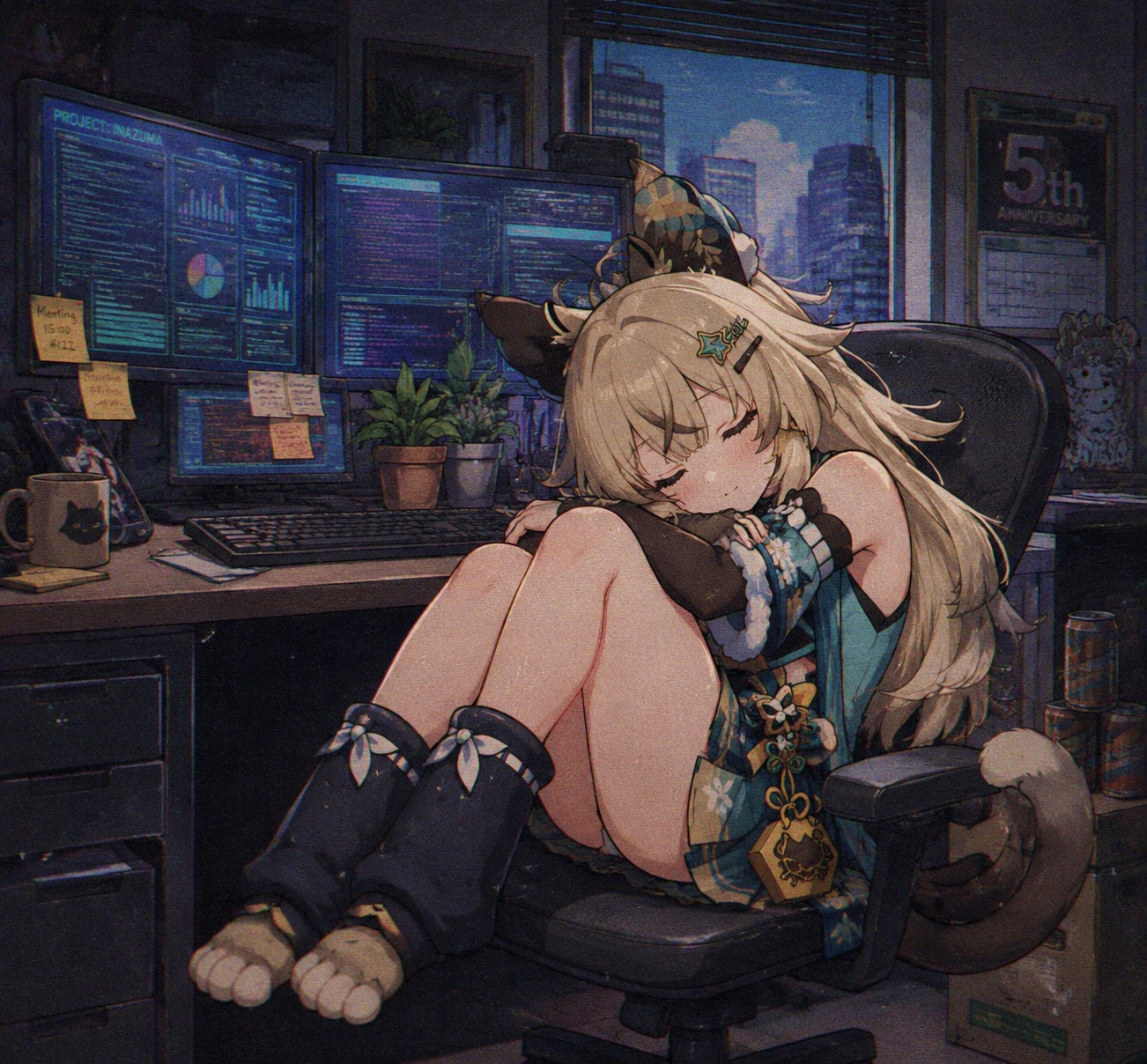 Curling up for a quick nap At a modern office desk with high-tech screens (retro 90s anime aesthetic, grainy film effect)