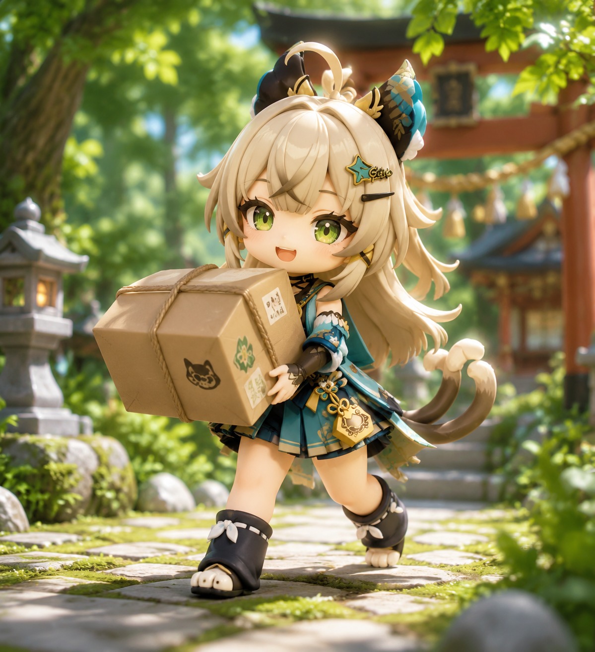 Delivering a heavy package with a bright smile In a lush forest clearing near a shrine (chibi 3D render, shiny toy-like texture)