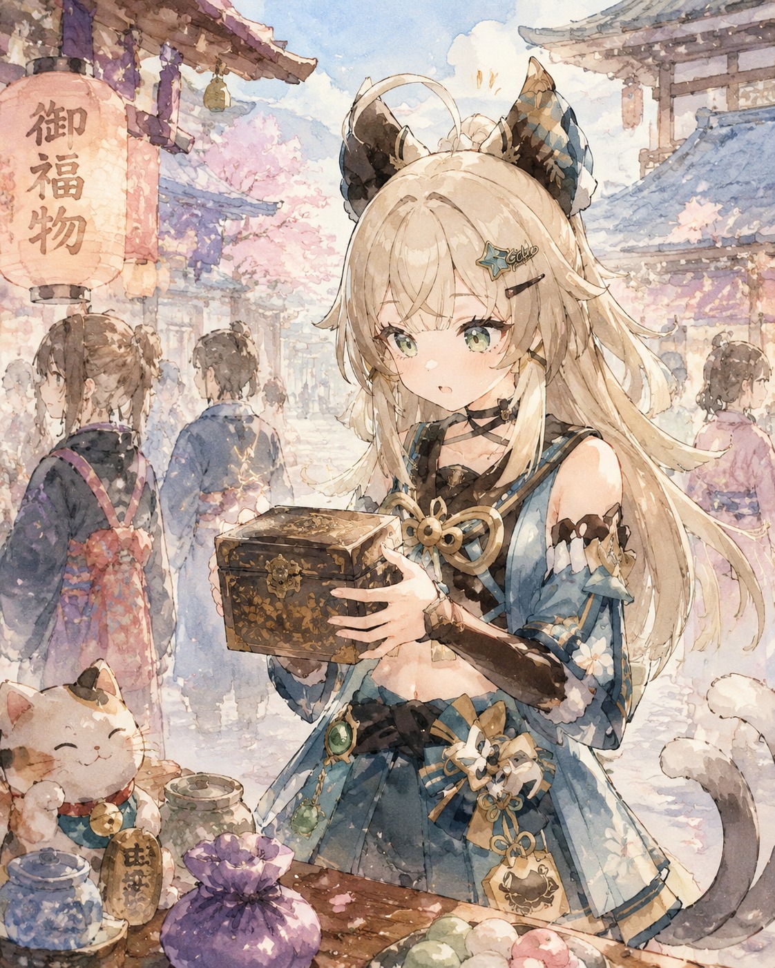 Inspecting a mysterious box with twitching ears At a bustling Inazuma street market (dreamy watercolor illustration, soft pastel tones)
