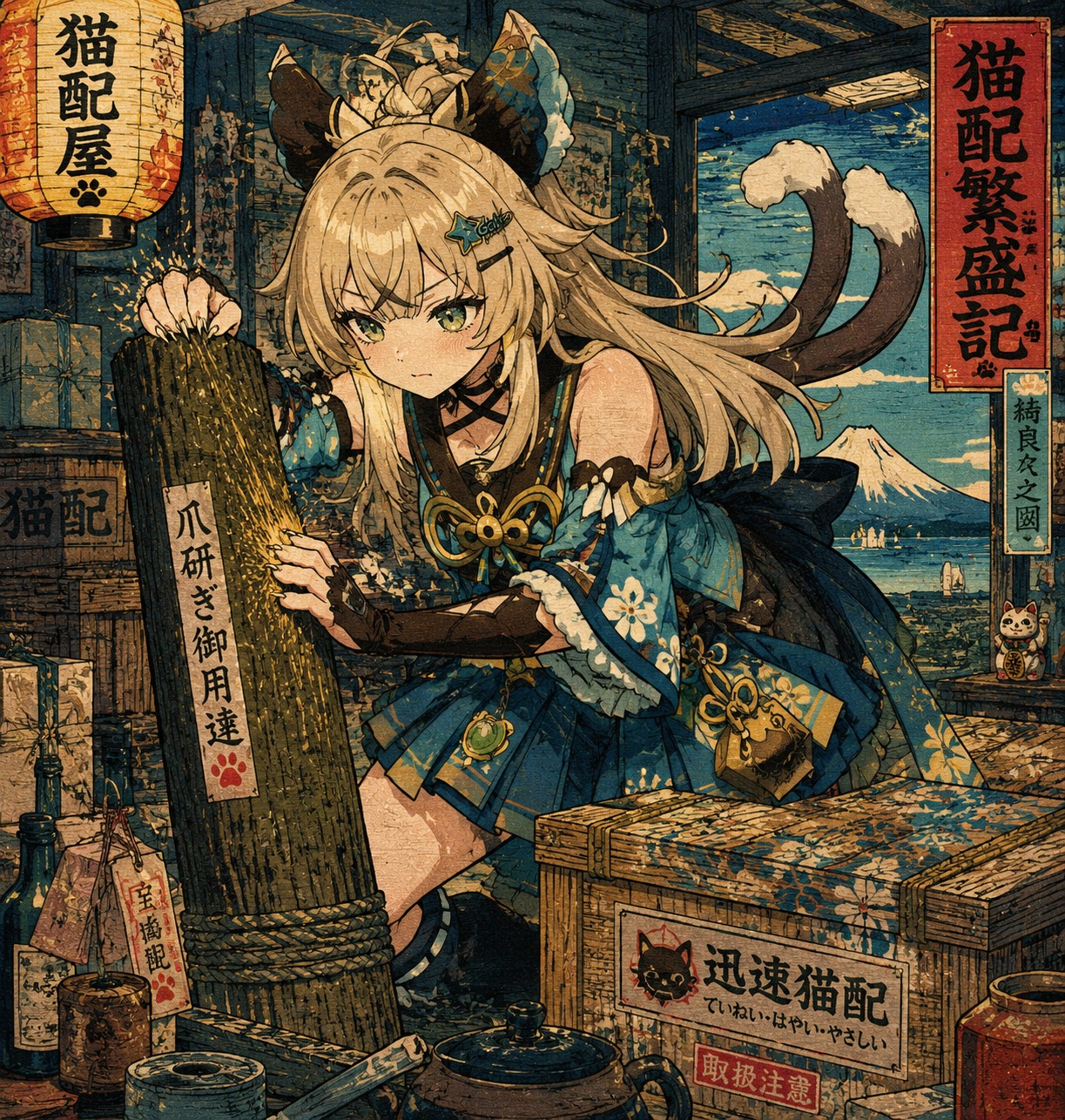 Sharpening her claws on a wooden post In a cluttered workshop filled with delivery crates (vibrant Ukiyo-e woodblock print style)