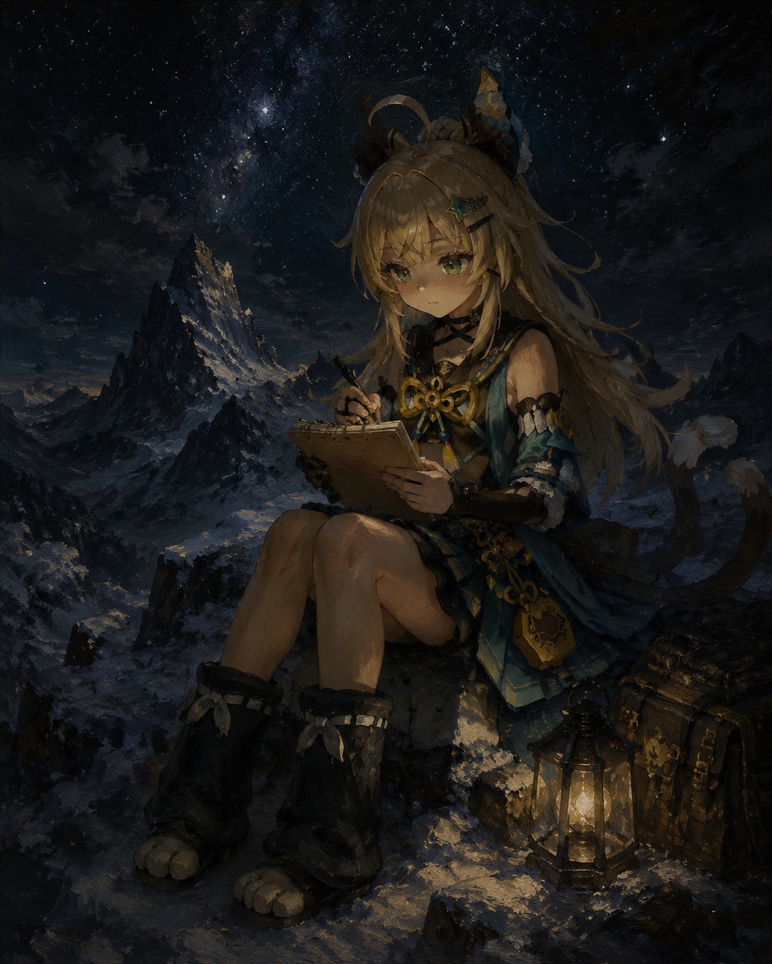 Writing a delivery log in a small notebook On a snowy mountain peak under the stars (dark oil painting, dramatic chiaroscuro lighting)