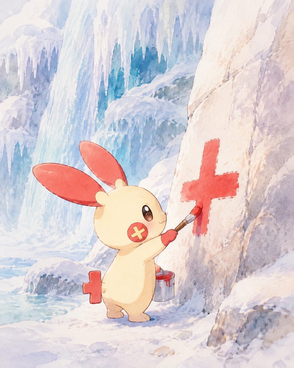 Painting a red plus sign on a wall At the base of a frozen waterfall (watercolor anime with soft pastel lighting)