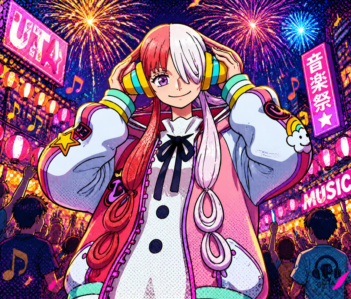 Adjusting her oversized dual-toned headphones At a vibrant street festival under fireworks (vibrant pop art, bold halftone patterns)