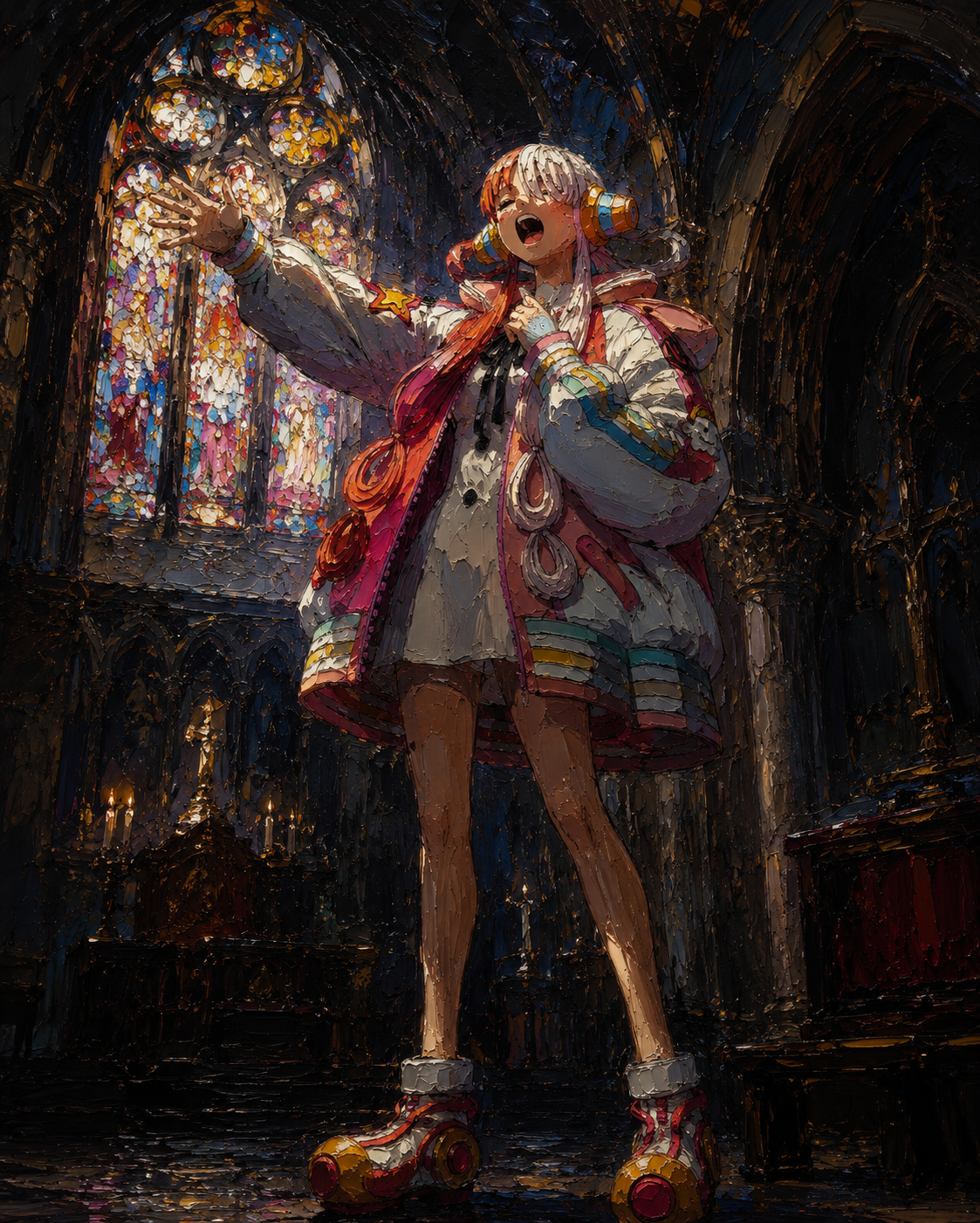 Belting out a powerful high note In a quiet cathedral illuminated by stained glass (dark moody oil painting, heavy impasto)