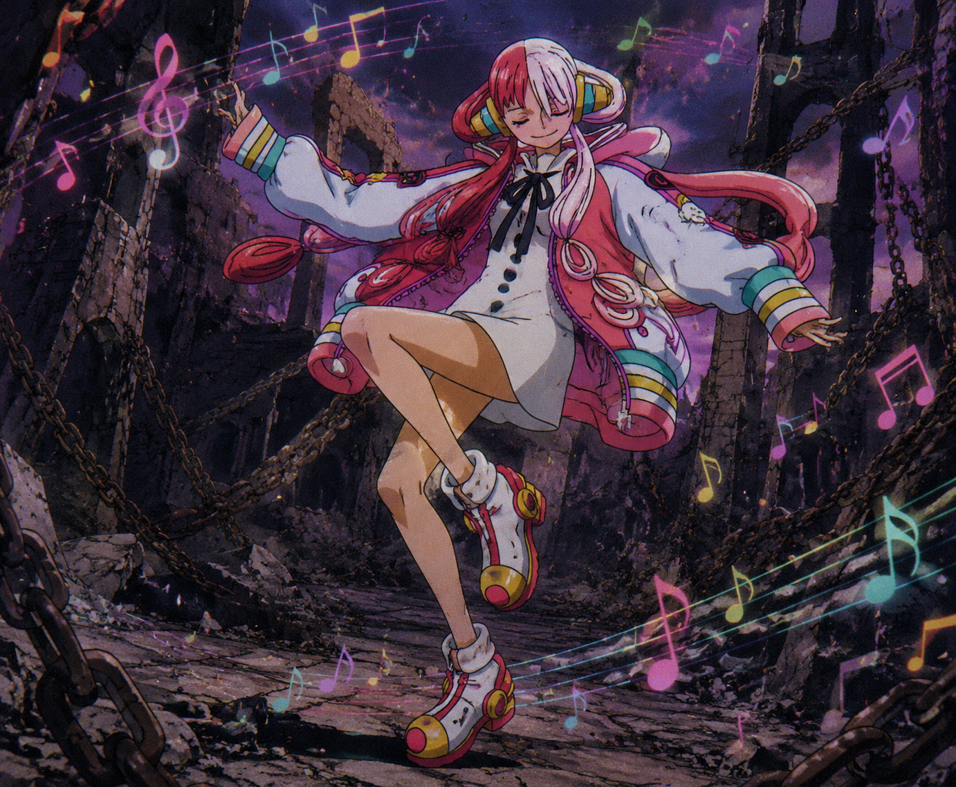 Dancing through a flurry of musical notes In a desolate ruin draped in heavy chains (90s retro cel-shaded, grainy texture)
