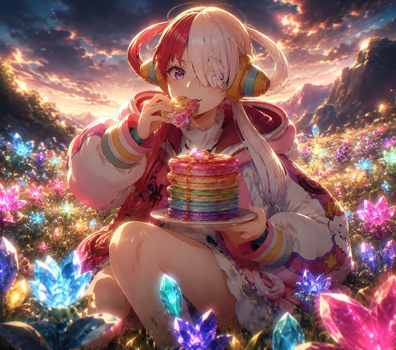 Munching on a stack of colorful pancakes In a meadow of glowing crystal flowers (cinematic theatrical, dramatic rim lighting)
