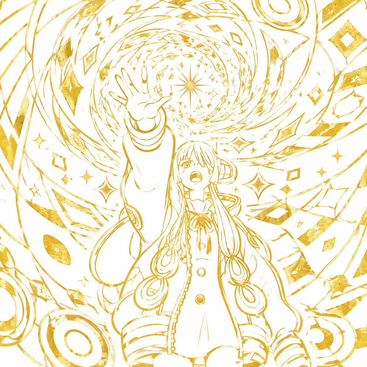 Reaching toward the sky with a desperate plea At the center of a swirling kaleidoscopic dimension (clean minimalist line art, gold foil)