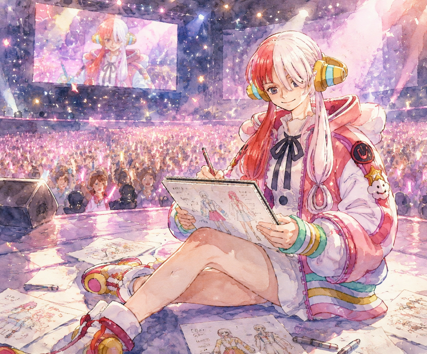 Sketching new outfit designs in a notebook On a massive stage before a roaring crowd (soft watercolor anime, ethereal lighting)