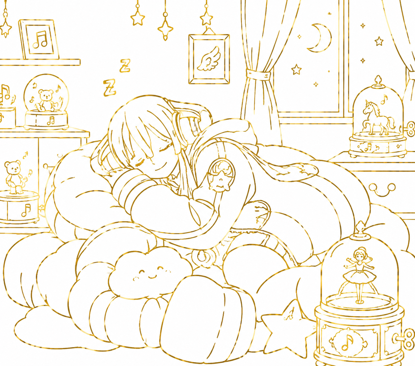 Sleeping soundly on a pile of plush cushions In a cozy bedroom filled with music boxes (clean minimalist line art, gold foil)