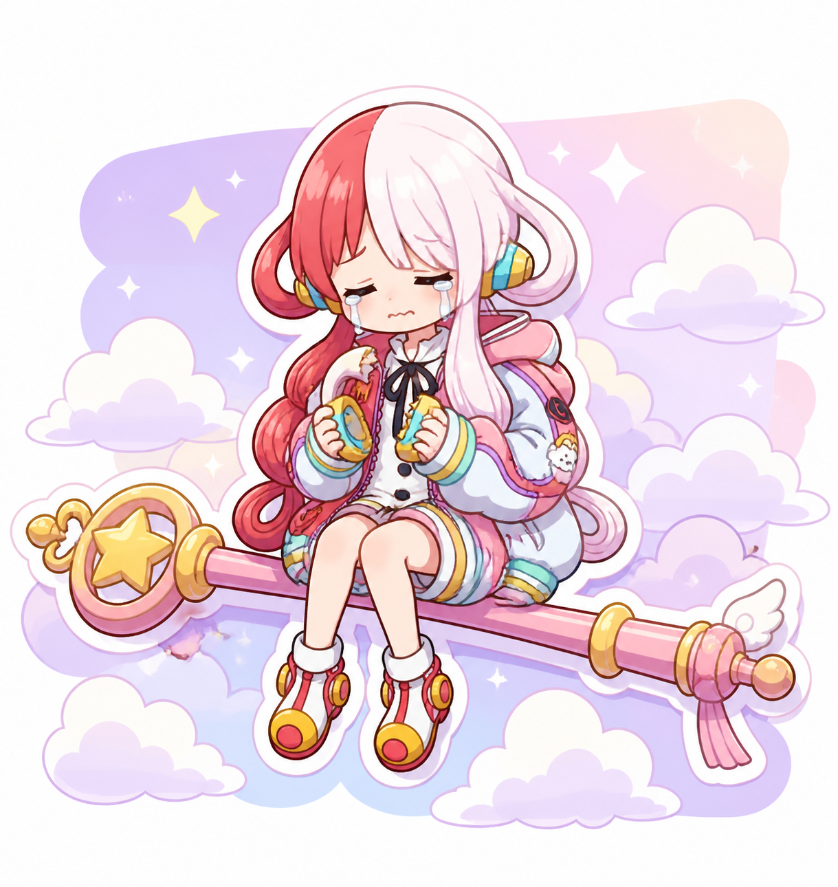 Sobbing quietly while holding a broken headset On a giant staff floating above the clouds (chibi sticker art, pastel colors)